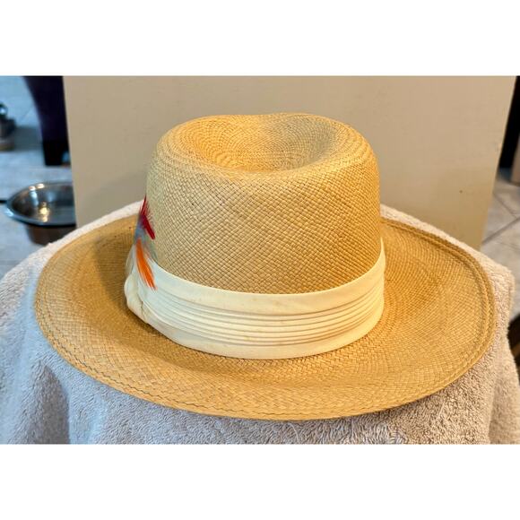 Vintage Styled By Coralie Cream Straw Hat Feather embellished Gambler Fedora - Picture 2 of 7